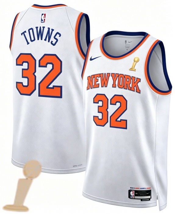 Men New Yok Knicks #32 Karl Anthony Towns White 2026 Champions Patch Icon Edition Stitched Basketball Jersey