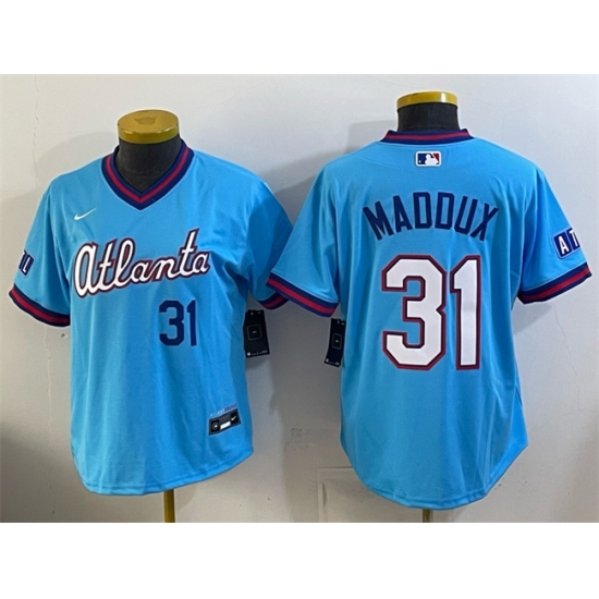 Women's Atlanta Braves #31 Greg Maddux Powder Blue 2026 City Connect Stadium Stitched Baseball Jersey(Run Small)