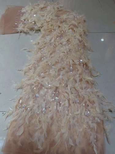 New arrival glitter Sequins handmade ace beaded embroidery bridal tulle lace fabric with feathers