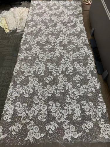 French Crystal Beads Fabric Embroidery Beaded Fabrics White Bridal Lace Fabrics for a Wedding Dress