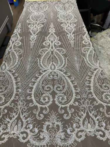 Luxury handmade beaded design white mesh embroidery beads tulle african evening dress fabric african lace