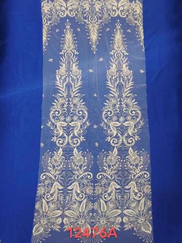 Luxury Handmade Beaded Design White Mesh Embroidery Fabrics
