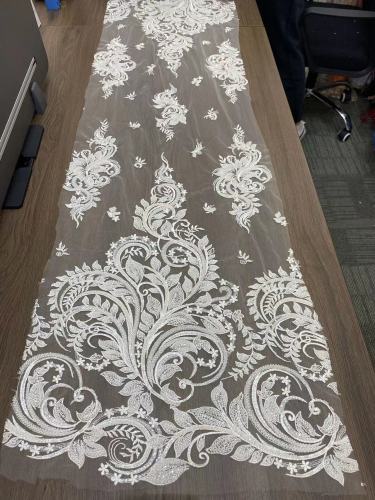 White Luxury embroidery beaded fabric ivory 3d flowers tulle sequin bridal lace fabric