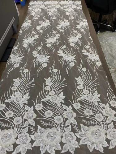 High quality French light white embroidered metallic net lace fabric for wedding