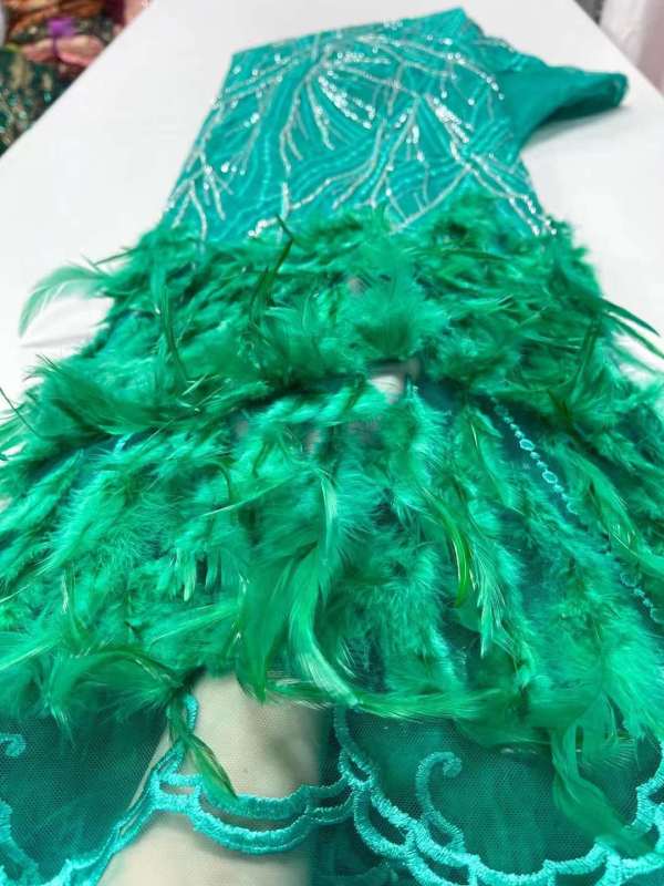 New arrival glitter Sequins handmade ace beaded embroidery bridal tulle lace fabric with feathers