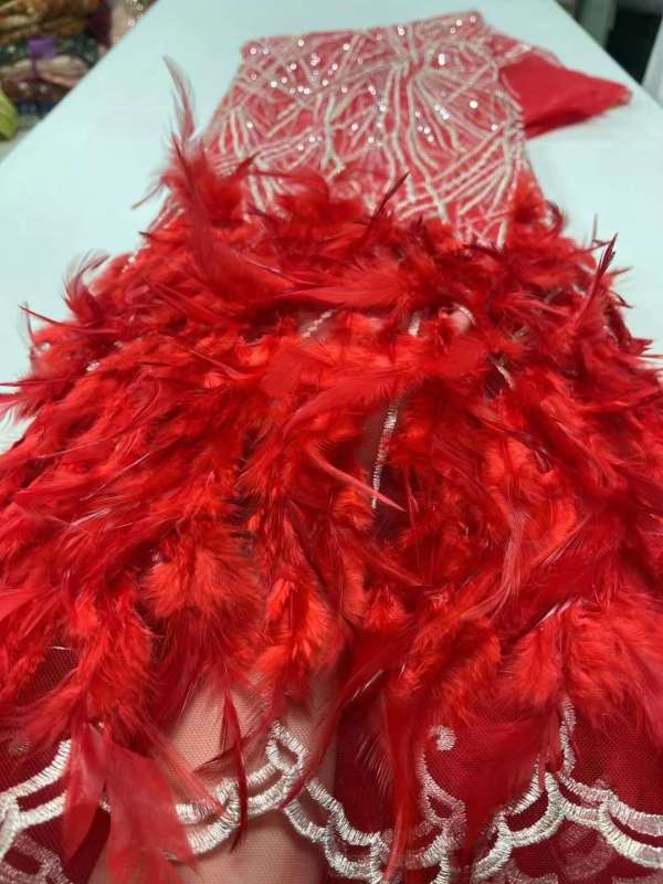 New arrival glitter Sequins handmade ace beaded embroidery bridal tulle lace fabric with feathers