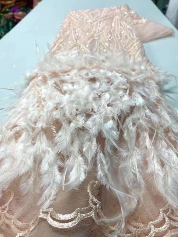 New arrival glitter Sequins handmade ace beaded embroidery bridal tulle lace fabric with feathers
