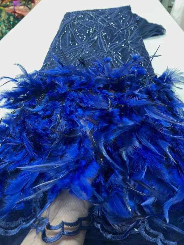 New arrival glitter Sequins handmade ace beaded embroidery bridal tulle lace fabric with feathers