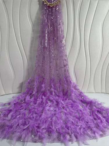 New arrival glitter Sequins handmade ace beaded embroidery bridal tulle lace fabric with feathers