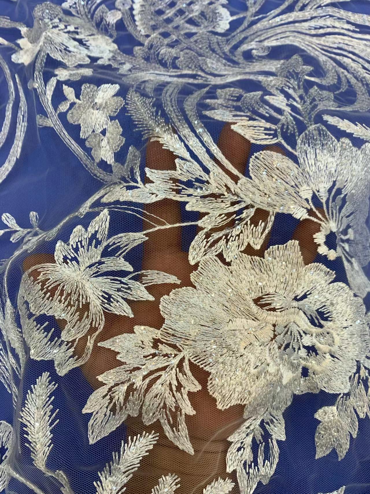 African White Wedding Sequence Dress Crustal Beads Sequins Luxury Embroidery Fabric Lace 100% Polyester Embroidered Elastic