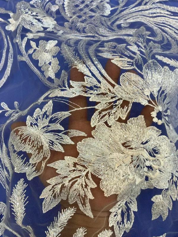 African White Wedding Sequence Dress Crustal Beads Sequins Luxury Embroidery Fabric Lace 100% Polyester Embroidered Elastic