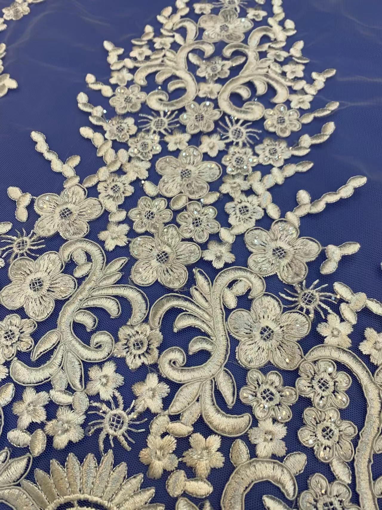 African White Wedding Sequence Dress Crustal Beads Sequins Luxury Embroidery Fabric Lace 100% Polyester Embroidered Elastic