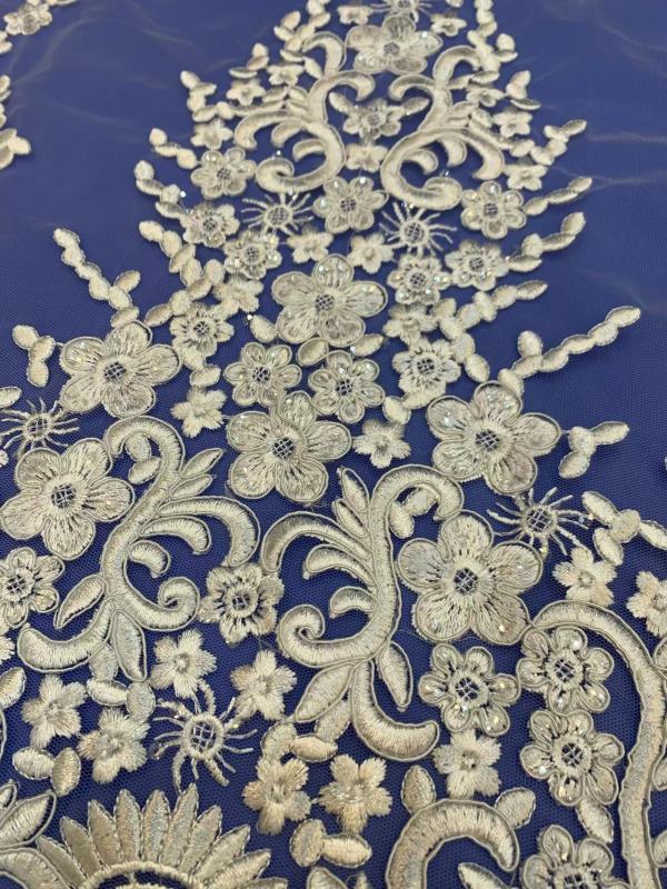 African White Wedding Sequence Dress Crustal Beads Sequins Luxury Embroidery Fabric Lace 100% Polyester Embroidered Elastic