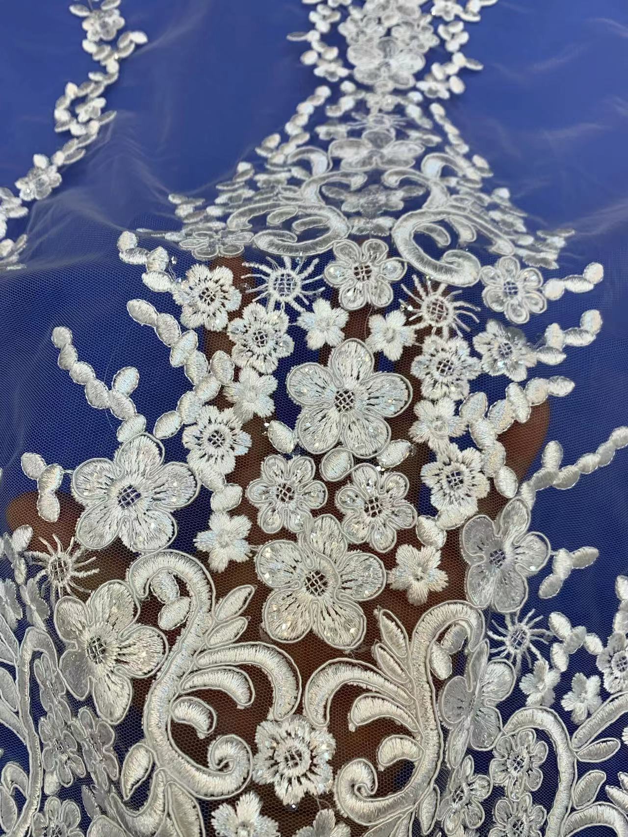 African White Wedding Sequence Dress Crustal Beads Sequins Luxury Embroidery Fabric Lace 100% Polyester Embroidered Elastic