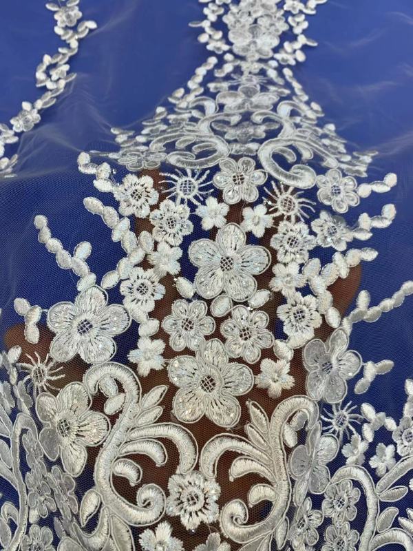 African White Wedding Sequence Dress Crustal Beads Sequins Luxury Embroidery Fabric Lace 100% Polyester Embroidered Elastic
