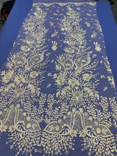 Sparkly French Tulle White Bridal Lace Fabric Crystal Beads Embroidery Fabric Wedding Lace Fabrics for Women