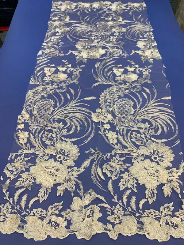 African White Wedding Sequence Dress Crustal Beads Sequins Luxury Embroidery Fabric Lace 100% Polyester Embroidered Elastic