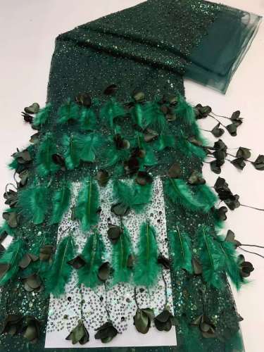 French Dark Green Feather lace with sequins luxury soft tulle glitter fabric for collection
