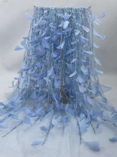 New arrival glitter Sequins handmade ace beaded embroidery bridal tulle lace fabric with feathers