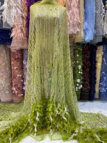 glitter Sequins handmade ace beaded embroidery with feathers bridal tulle lace fabric
