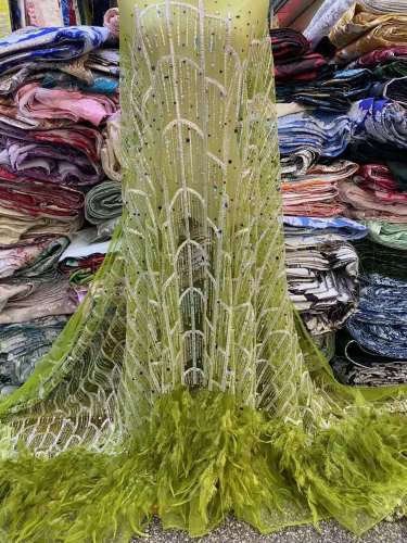 New arrival glitter Sequins handmade ace beaded embroidery bridal tulle lace fabric with feathers