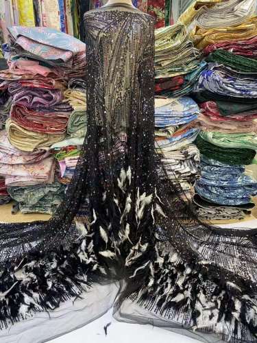 glitter Sequins handmade ace beaded embroidery with feathers bridal tulle lace fabric
