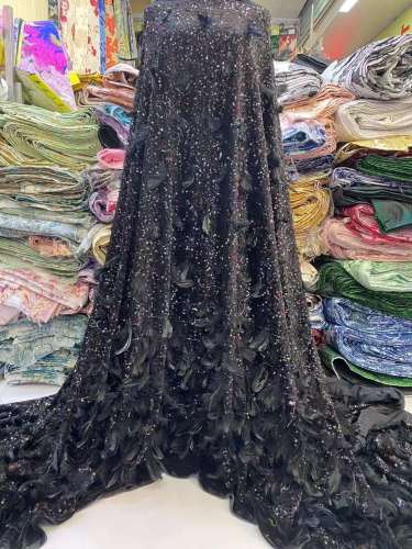 New arrival glitter Sequins handmade ace beaded embroidery bridal tulle lace fabric with feathers
