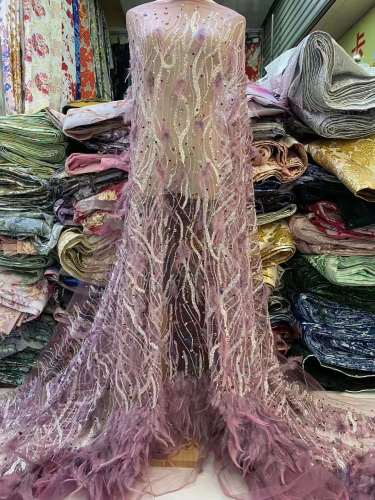 glitter Sequins handmade ace beaded embroidery with feathers bridal tulle lace fabric