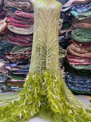 French Dark Green Feather lace with sequins luxury soft tulle glitter fabric for collection