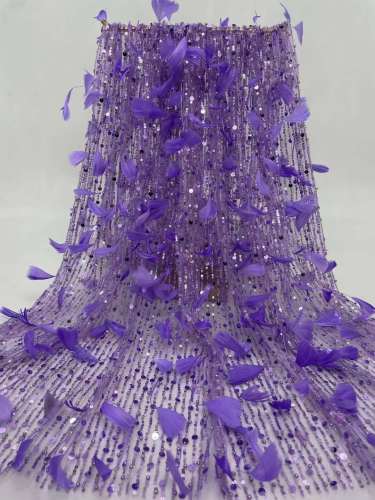 luxury sequin handmade Petal feather mesh french lace handmade wedding beaded lace fabric
