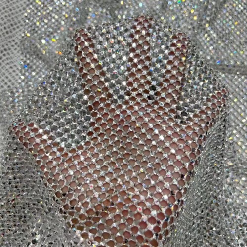 Wholesale sparkling crystal rhinestones mesh fabric wave pattern rhinestone fabric by the yard for dress