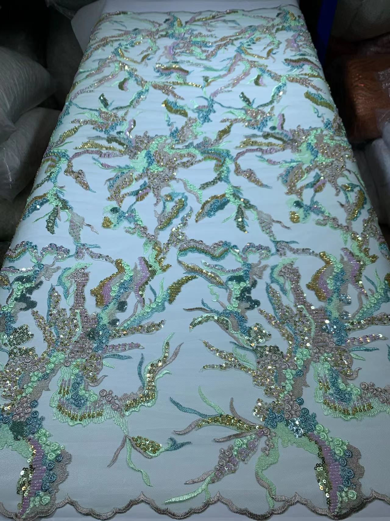Beaded Embroidered Lace Fabric with Sequins and Beads for Wedding Dress African Bazin Riche French Tulle Embroidery Lace