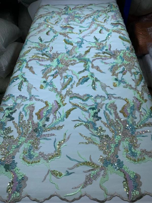 Beaded Embroidered Lace Fabric with Sequins and Beads for Wedding Dress African Bazin Riche French Tulle Embroidery Lace