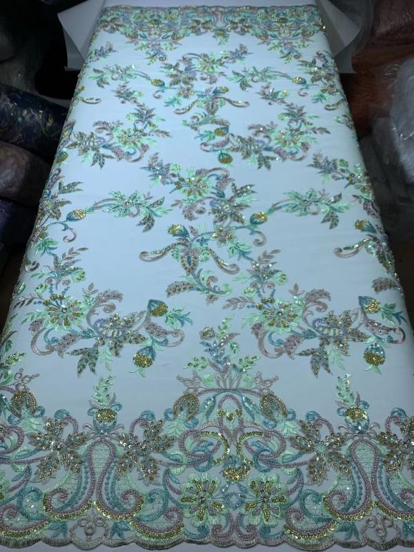 Bridal French Lace Fabrics Beaded Tulle Fabric Beads Embroidery Lace for Dress