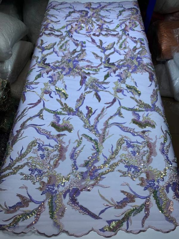 Beaded Embroidered Lace Fabric with Sequins and Beads for Wedding Dress African Bazin Riche French Tulle Embroidery Lace
