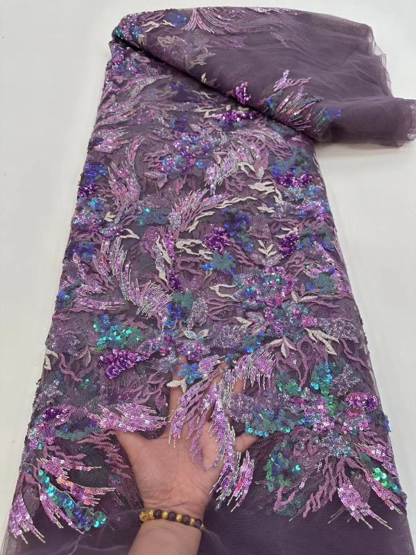 Luxury Sequins Tulle Net Lace Fabric Nigerian Beads Pearl Embroidery Hand Beaded Lace For Party