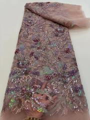 Luxury Sequins Tulle Net Lace Fabric Nigerian Beads Pearl Embroidery Hand Beaded Lace For Party