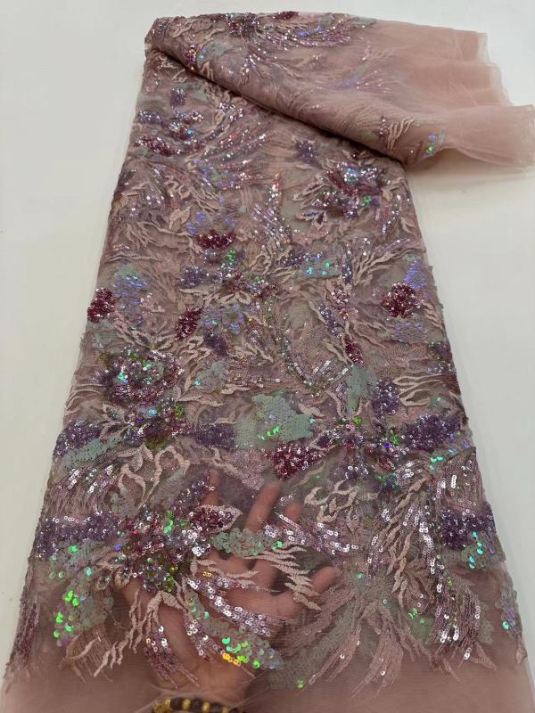 Luxury Sequins Tulle Net Lace Fabric Nigerian Beads Pearl Embroidery Hand Beaded Lace For Party