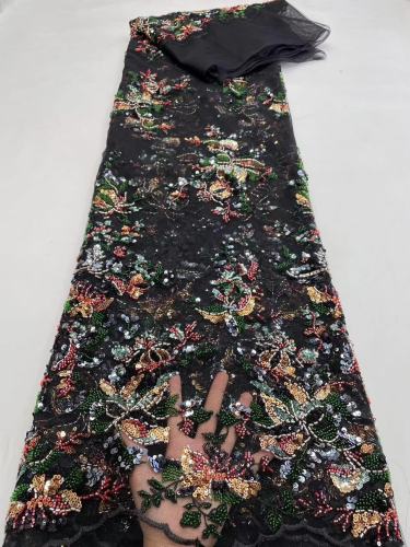 2023 new tulle with colorful machine beads 100% polyester french sequin lace net embroidery fabric for dress