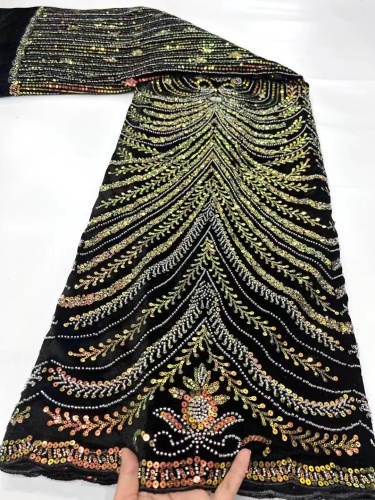 Beautiful designs strips straight lines beaded sequins lace with pearls tulle fabric for evening dress
