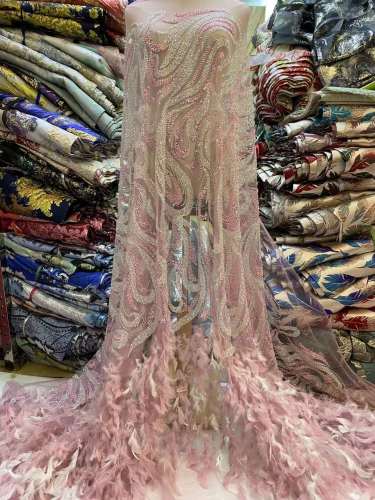 luxury sequin handmade Petal feather mesh french lace handmade wedding beaded lace fabric
