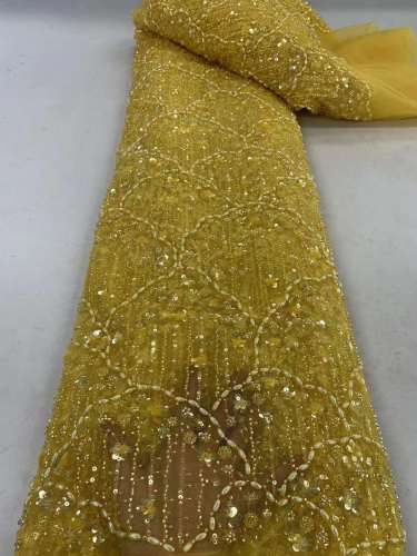 Wholesale Luxury African Beaded Sequin Lace Fabric For Dress Nigeria Bridal Embroidery Lace Fabric