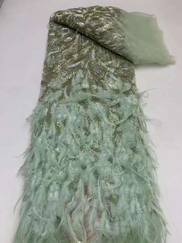 French Dark Green Feather lace with sequins luxury soft tulle glitter fabric for collection
