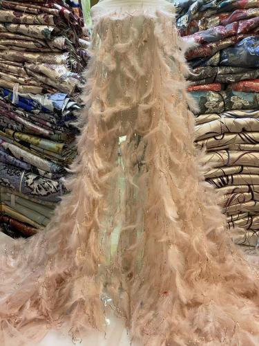 New african pink feather sequins lace fabric with beads shining wedding bridal tulle lace dress fabric for 5 yards