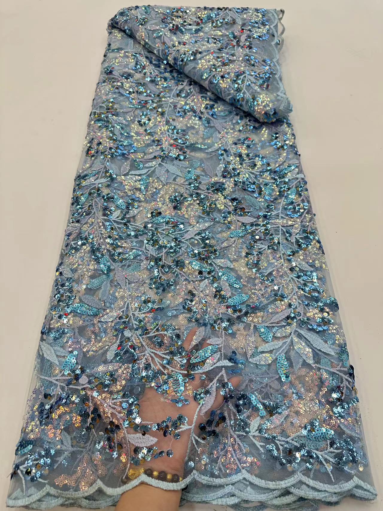 2023 High Quality Friendly lace with sequins fabric selling for african market
