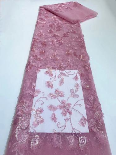 African Lace Fabrics Shiny Sequins Beads French Tulle Net Embroidered Fabric with 3D Flower for Wedding Dress Wholesale