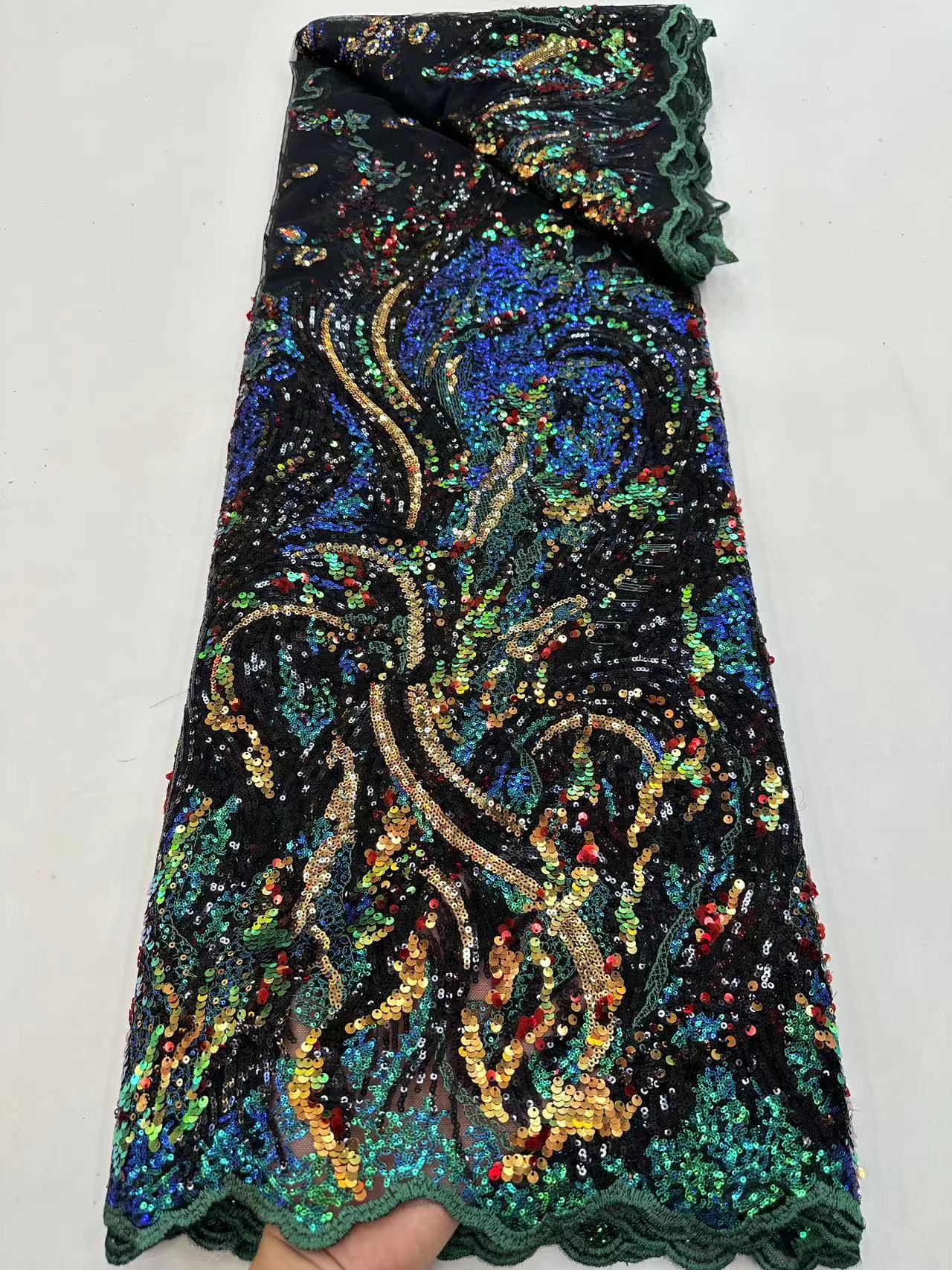 hot green nigerian wedding embroidery tulle lace materials sequin lace fabric