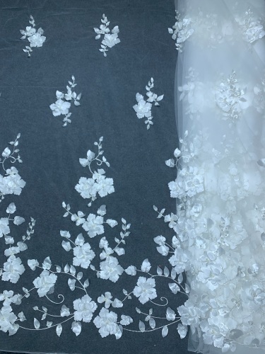 Top sale french peach and pink 3d flower lace embroidered fabric high quality net lace fabric for wedding bridal dress