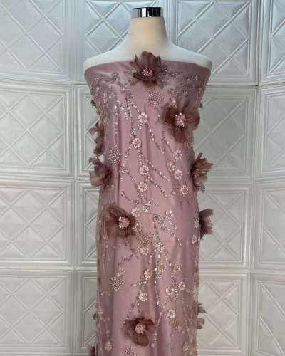 Lilac french big crystal lace beaded tulle fabric with special sequins for party dress