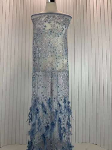 Lilac french big crystal lace beaded tulle fabric with special sequins for party dress